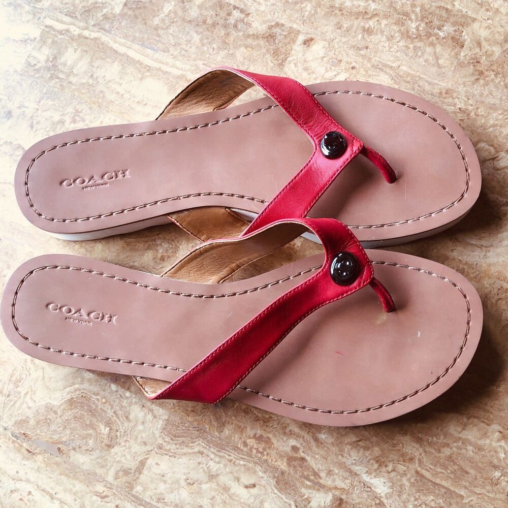 Coach Shelly Leather Thong Sandals Dahlia Pink Upper Leather Size 8 B Med